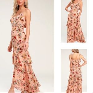 Used Gabriella Blush Pink Floral Print Ruffled High-Low Maxi Dress medium